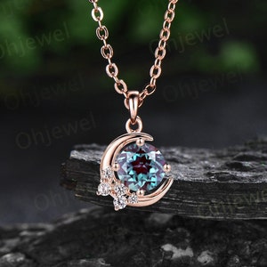 1ct Round Alexandrite necklace solid 14k rose gold unique moon necklace cluster moissanite Pendant women anniversary gift June birthstone