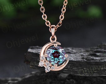 1ct Round Alexandrite Necklace Solid 14k Rose Gold Unique