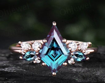 Pierścionek z aleksandrytem w szlifie latawca, z różowego złota, wyjątkowy pierścionek zaręczynowy dla kobiet, pierścionek z diamentem w szlifie markiza, pierścionek na rocznicę z kamieniem szlachetnym z okazji urodzin w czerwcu