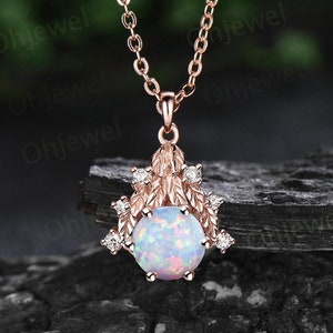Round white opal necklace leaf cluster diamond antique Pendant women solid 14k rose gold nature inspired unique anniversary gift