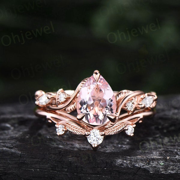 Unique pear shaped pink morganite engagement ring set solid 14k rose gold Twig branch leaf nature inspired diamond anniversary ring women