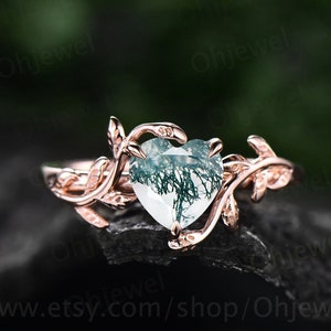 Twig Heart shaped moss agate engagement ring leaf rose gold silver unique vintage solitaire engagement ring promise wedding ring for women