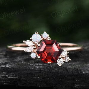 Vintage Hexagon cut red garnet ring engagement ring art deco cluster opal ring rose gold silver 6 prong set marquise diamond ring for women