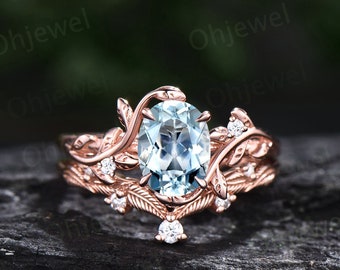 Twig oval cut aquamarine ring unique engagement ring set women leaf nature inspired 14k rose gold ring branch diamond wedding ring set gift