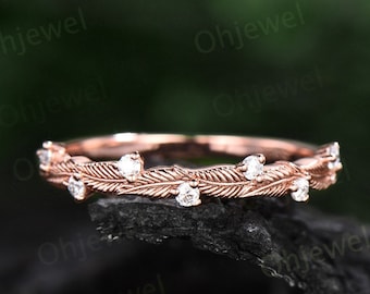 Twig diamond wedding band 14k rose gold branches leaf nature inspired wedding ring band unique vintage anniversary ring women gift for her