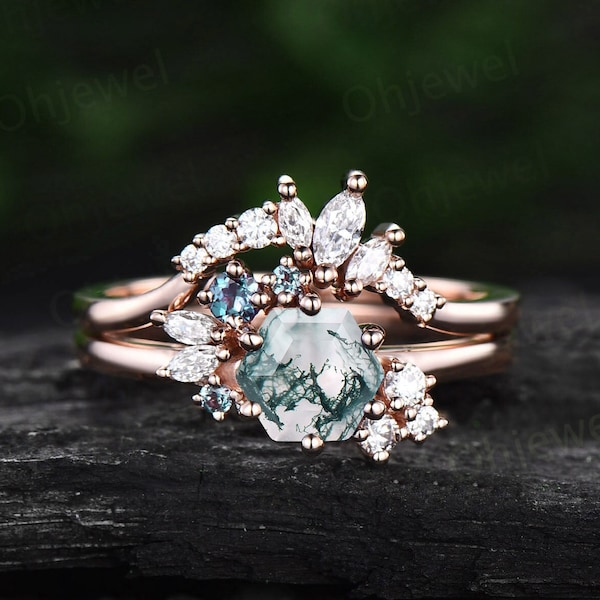 Vintage hexagon cut green moss agate engagement ring set rose gold art deco cluster moissanite ring set bridal wedding ring set women gifts