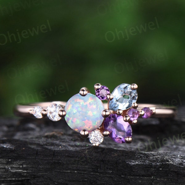 Round opal ring Personalized cluster amethyst ring vintage pear aquamarine ring dainty multi stone ring unique engagement ring women gift