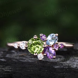 Round peridot ring Personalized cluster amethyst ring vintage pear aquamarine ring dainty multi stone ring unique engagement ring women gift