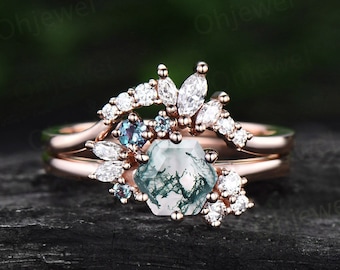 Vintage hexagon cut green moss agate engagement ring set rose gold art deco cluster moissanite ring set bridal wedding ring set women gifts