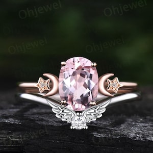 Vintage oval pink morganite engagement ring three stone moon star wing diamond ring solid 14k rose gold unique bridal ring set women gift