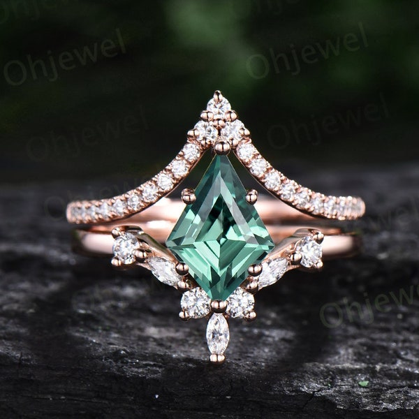 7x10mm kite cut teal green sapphire engagement ring set 14k rose gold 6 prong marquise cut diamond wedding promise anniversary ring women