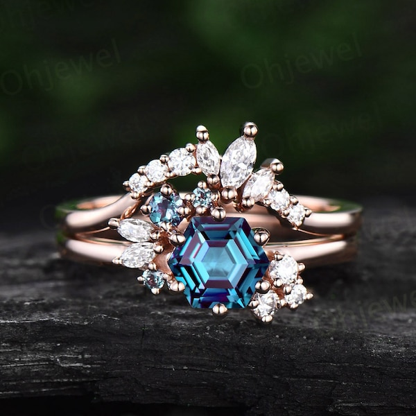 Hexagon cut Alexandrite ring rose gold unique cluster engagement ring set art deco moissanite ring women vintage bridal ring set jewelry