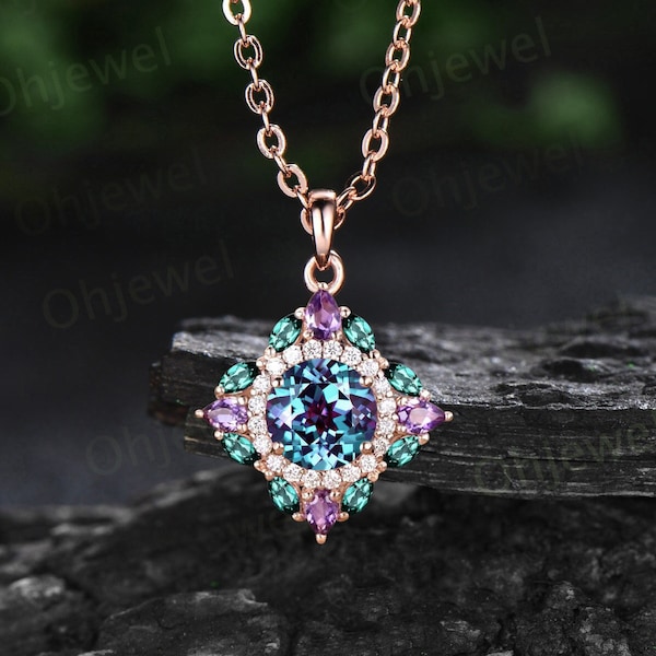 Round cut Alexandrite necklace vintage double halo moissanite amethyst emerald necklace Pendant women art deco rose gold anniversary gift