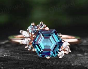 Vintage 2ct Hexagon cut Alexandrite engagement ring 14k rose gold art deco unique cluster engagement ring marquise cut diamond ring women