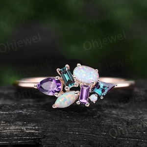 Cluster oval opal ring Personalized kite alexandrite ring rose gold pear baguette amethyst ring women dainty unique wedding ring band gift
