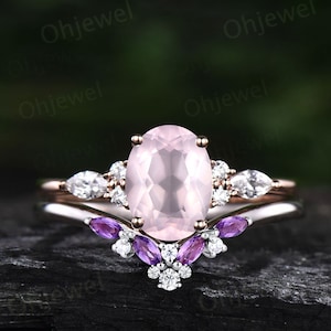 Oval rose quartz ring vintage amethyst ring unique engagement ring art deco crystal ring rose gold cluster moissanite bridal ring set women