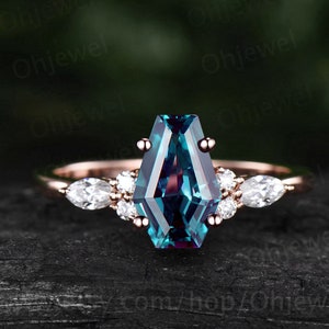 Coffin Shaped Alexandrite Ring Unique Engagement Ring 14k Rose Gold ...