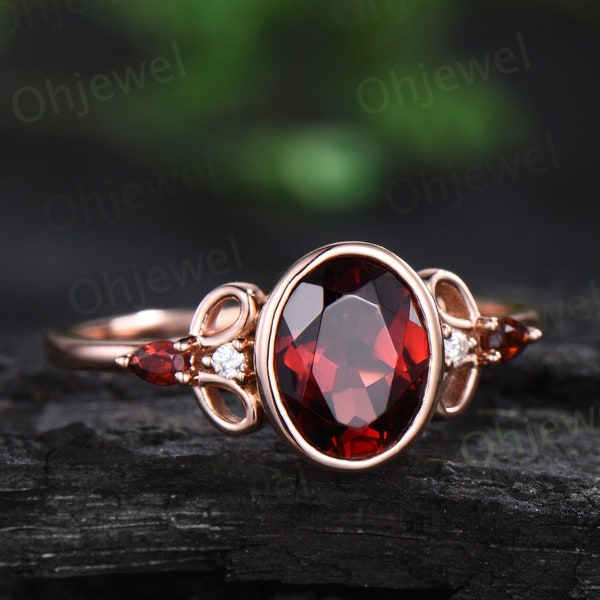 Oval red garnet ring vintage rose gold bezel unique engagement ring art deco five stone bridal wedding anniversary ring gift for women