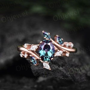 1ct oval cut Alexandrite ring gold silver for women vintage unique Alexandrite engagement ring cluster marquise cut diamond promise ring
