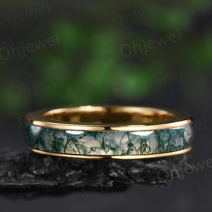 Full eternity natural moss agate wedding band mens solid 10k 14k yellow gold ring unique engagement promise ring for husband