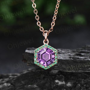 Vintage hexagon purple amethyst necklace rose gold unique 6 prong halo emerald necklace Pendant women dainty promise anniversary gift her