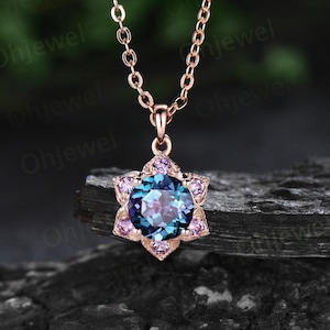 Round Alexandrite necklace vintage milgrain floral amethyst Pendant women solid 14k rose gold June birthstone anniversary gift for her