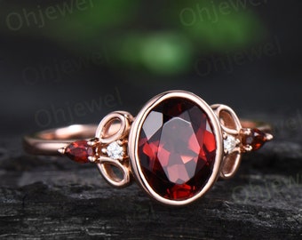 Oval red garnet ring vintage rose gold bezel unique engagement ring art deco five stone bridal wedding anniversary ring gift for women