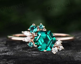 Hexagon cut emerald ring gold silver for women cluster vintage unique emerald engagement ring art deco moissanite bridal wedding ring gifts