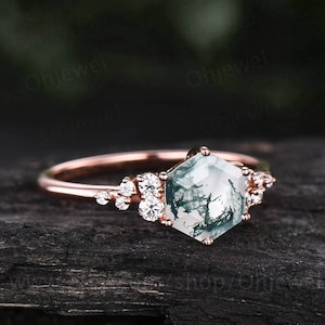 Vintage hexagon moss agate engagement ring 18k rose gold unique cluster snowdrift diamond engagement ring six prong wedding ring for women