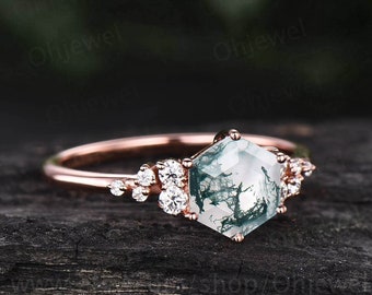 Vintage hexagon moss agate engagement ring 18k rose gold unique cluster snowdrift diamond engagement ring six prong wedding ring for women
