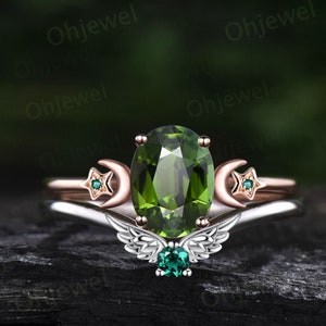 Oval cut green Tourmaline ring vintage moon star unique engagement ring rose gold three stone bat wing emerald ring wedding ring set women