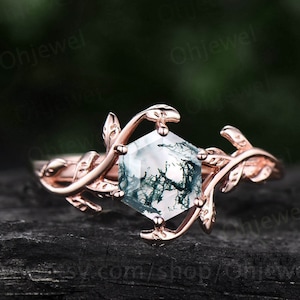 Hexagon moss agate engagement ring leaf flower rose gold silver unique vintage solitaire engagement ring for women wedding anniversary ring