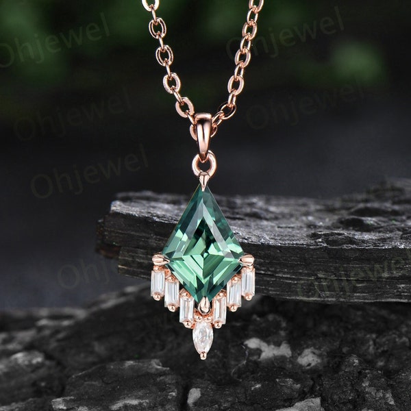 Kite cut teal green sapphire necklace cluster marquise baguette cut moissanite necklace pendant women rose gold anniversary gift for her