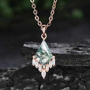 Kite cut green moss agate necklace rose gold cluster marquise baguette cut moissanite necklace pendant women art deco anniversary gift her