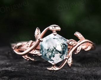 Hexagon moss agate engagement ring leaf flower rose gold silver unique vintage solitaire engagement ring for women wedding anniversary ring