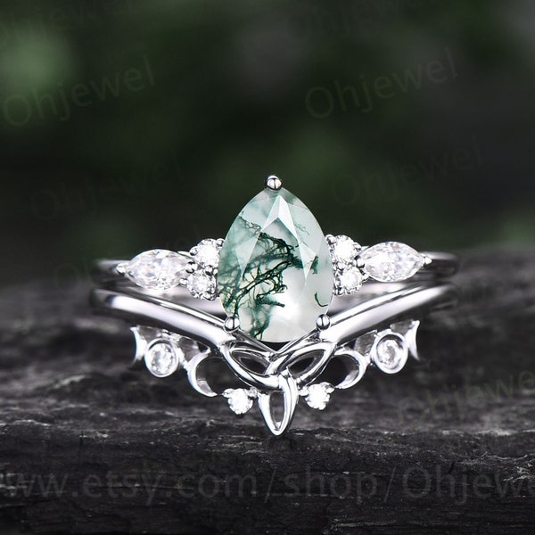 Pear shaped moss agate engagement ring set white gold vintage style marquise moissanite engagement ring for women norse viking ring Jewelry