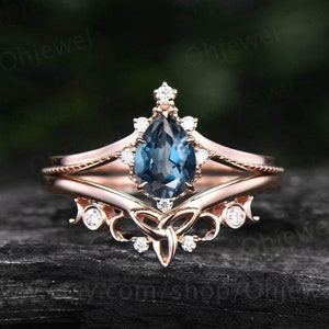 Vintage pear shaped London blue topaz engagement ring set rose gold cluster diamond ring dainty unique bridal wedding ring set women gift