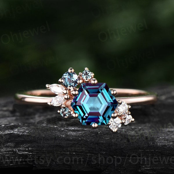 Hexagon cut Alexandrite ring gold silver for women vintage unique Alexandrite engagement ring cluster art deco moissanite bridal ring gifts