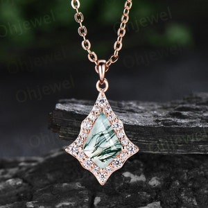 Vintage kite cut green moss agate necklace solid 14k rose gold antique unique snowdrift halo moissanite necklace Pendant women gemstone gift