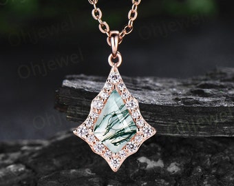 Vintage kite cut green moss agate necklace solid 14k rose gold antique unique snowdrift halo moissanite necklace Pendant women gemstone gift