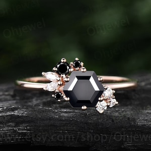 Hexagon cut black onyx ring gold silver for women vintage unique cluster black onyx engagement ring art deco moissanite promise ring gifts