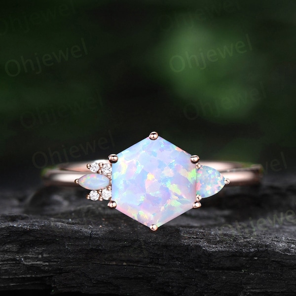 Hexagon opal ring vintage marquise trillion opal ring rose gold unique cluster engagement ring dainty moissanite wedding bridal ring women