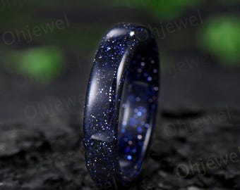 5mm Blue sandstone wedding band mens blue goldstone ring band anniversary gift for him her unique engagement ring women