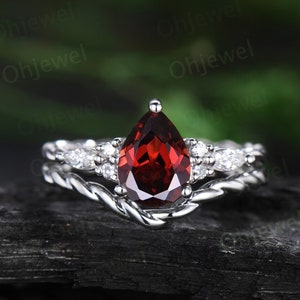 Vintage pear red garnet ring white gold twisted unique engagement ring moisanite stacking anniversary wedding bridal ring set women gift
