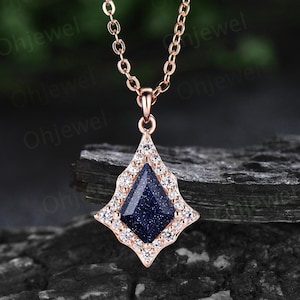 Vintage kite cut blue sanstone necklace rose gold antique unique snowdrift halo diamond necklace Pendant women opal jewelry anniversary gift