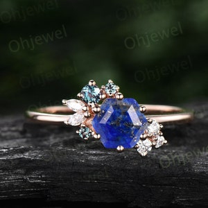 Hexagon cut Lapis Lazuli ring gold silver for women vintage unique cluster Lapis Lazuli engagement ring art deco moissanite wedding ring
