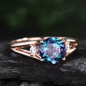 2ct Round cut Alexandrite ring three stone split shank engagement ring vintage moissanite ring rose gold silver June birthstone promise ring