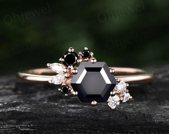 Hexagon cut black onyx ring gold silver for women vintage unique cluster black onyx engagement ring art deco moissanite promise ring gifts