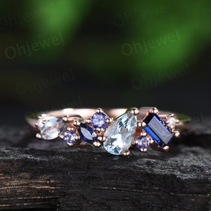 Vintage pear Aquamarine ring art deco Baguette sapphire ring dainty tanzanite ring women solid 14k rose gold anniversary wedding band gift