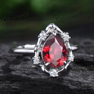 Vintage pear red ruby engagement ring leaf Nature inspired halo cluster diamond ring women white gold branch antique wedding ring gift